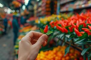 ai generado mano presentación rojo chile a animado mercado foto