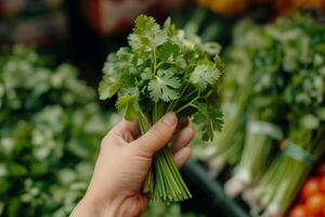 AI generated Fresh Cilantro Bunch in Market Setting photo