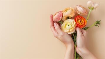 AI generated Graceful Hands Clutching Pastel Ranunculus Bouquet photo