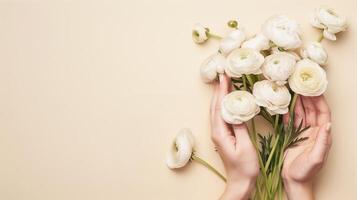 AI generated Elegant Hands with Ranunculus   Spring or Mothers Day Theme photo