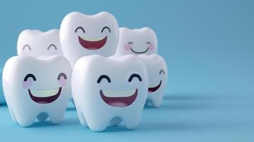 AI generated Joyful Cartoon Teeth Mascots on Blue   Dental Hygiene Concept photo