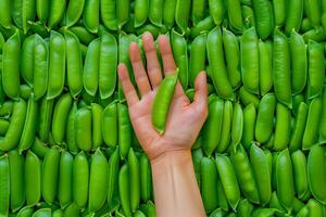 ai generado Fresco chasquido guisante en mano, verde fondo, sano comida espacio foto