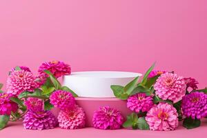 AI generated Blank Round Gift Box with Pink Zinnias   Mothers Day Background photo