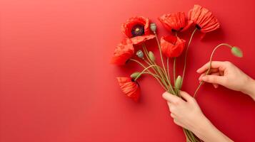 AI generated Artistic Hand Placement of Poppies Overhead photo