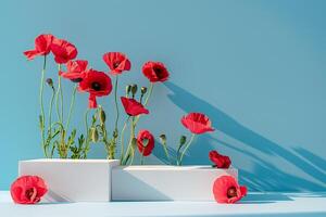 AI generated Spring Poppies Bloom on Blue Backdrop photo