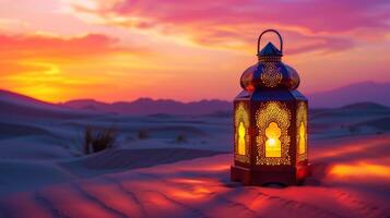 AI generated Ramadan Lantern on Sand at Sunset photo