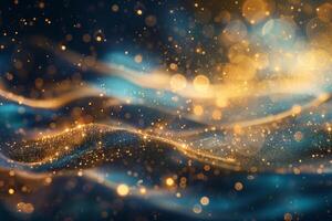 AI generated Golden Glitter Sparkle on Blue Bokeh Background photo