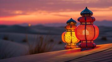 AI generated Ramadan Lanterns at Sunset on Dunes photo