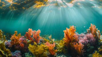 ai generado rayo de sol iluminado coral arrecife submarino panorama foto