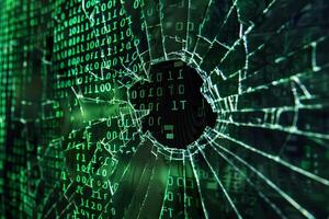 AI generated Data Breach Concept, Shattered Screen with Binary Code photo