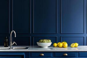 AI generated Chic Navy Blue Kitchen Interior, Space for Copy photo
