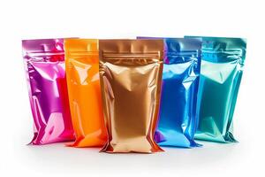 AI generated Assortment of colorful metallic foil pouch packaging on a white background, suitable for product mockup designs and packaging concepts photo