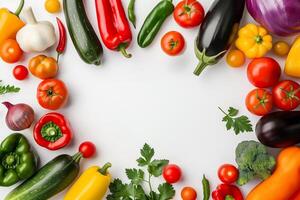 ai generado vistoso surtido de Fresco vegetales en un blanco fondo, ideal para sano comiendo y nutrición conceptos foto