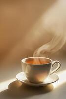 AI generated Steam rising from a white ceramic cup of tea on a saucer, with a warm light background and a calming ambiance, suitable for concepts involving relaxation or morning routines photo