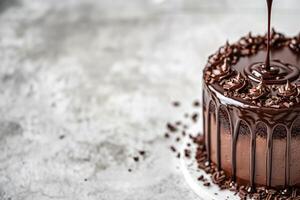 AI generated Decadent chocolate cake with glossy ganache dripping on sides, perfect for birthday celebrations or dessert menus, highlighted by soft focus background photo