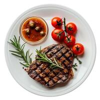 AI generated Grilled steak with grill marks on a white plate, garnished with rosemary, served with cherry tomatoes and a sauce on a white background, perfect for culinary themes or restaurant menus photo