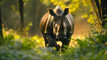 ai generado majestuoso rinoceronte en iluminado por el sol verde habitat foto