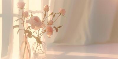 AI generated Delicate pastel roses in a transparent vase with a soft, dreamy sunlight background, perfect for themes of romance or Mothers Day photo