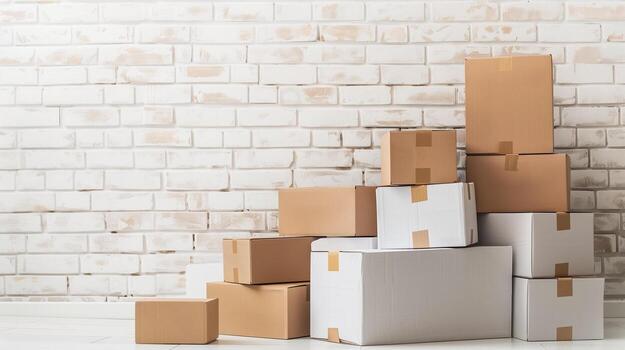 AI generated Stack of various sized cardboard boxes against a white brick wall, depicting concepts of moving, delivery, or storage, suitable for relocation or logistic themes photo
