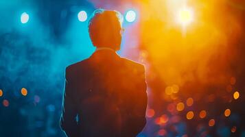 AI generated Backlit silhouette of an unidentifiable man on stage at an event with colorful stage lights and blurred audience, conveying the concept of leadership, public speaking, or performance photo