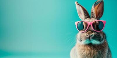 ai generado adorable Conejo vistiendo rosado Gafas de sol en contra un turquesa fondo, Perfecto para Pascua de Resurrección temática proyectos y primavera promociones foto