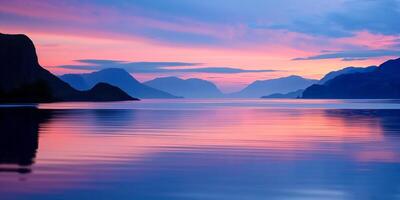 AI generated Tranquil pastel sunset over a calm lake with silhouettes of distant mountains, reflecting a serene gradient sky ideal for backgrounds and peaceful concepts photo