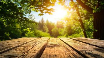 AI generated Empty rustic wooden table with a forest tree background and sunlight flares, ideal for product display and nature concepts photo