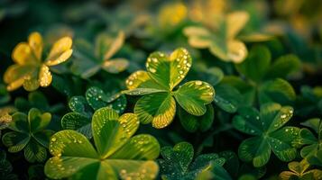 ai generado cerca arriba de Fresco verde trébol hojas con Rocío gotas, relacionado a conceptos de naturaleza, suerte, y S t patricks día celebracion foto