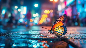AI generated Vibrant monarch butterfly perched on a wet surface with colorful bokeh lights from a bustling city background creating a serene yet lively urban nature scene photo