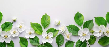 ai generado Fresco blanco manzana flores con verde hojas untado fuera simétricamente en un ligero gris fondo, ideal para primavera temática diseños y botánico conceptos foto