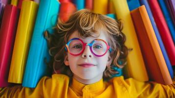 ai generado sonriente niño con Rizado pelo vistiendo vistoso lentes acostado en vibrante de colores papel rollos, representando alegría y creatividad, adecuado para educación o Arte conceptos foto