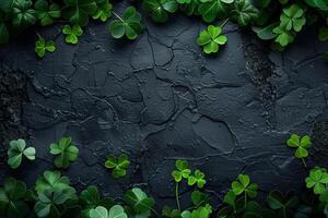 AI generated Scattered green clover leaves on dark textured background, concept for St Patricks Day celebration, with copy space photo