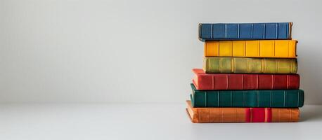 ai generado apilar de vistoso de tapa dura libros en un blanco antecedentes con Copiar espacio, enfatizando literatura, educación, y el concepto de mundo libro día foto