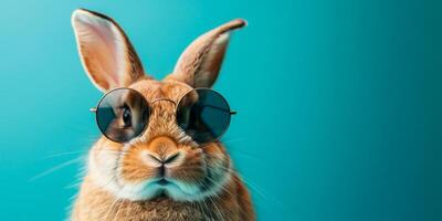 AI generated Brown rabbit with sunglasses against a turquoise background, evoking a quirky sense of fun, potentially for Easter themed content or creative advertising photo