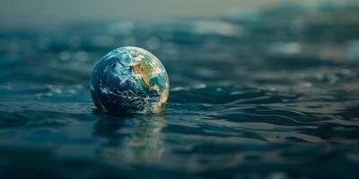 ai generado lustroso vaso globo representando tierra parcialmente sumergido en agua, simbolizando clima cambio y ambiental conservación, con un sereno azul antecedentes foto