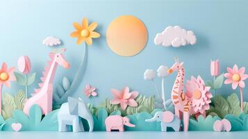 AI generated Colorful paper cutout design of a whimsical animal themed landscape with giraffes, elephants, and flowers, ideal for childrens room decor or educational materials photo