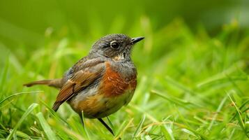 AI generated Close up of a European Robin in vibrant green grass, perfect for spring themed projects or bird related educational content photo