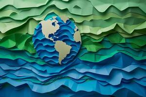 AI generated Layered paper art of a stylized Earth on a textured green and blue background, symbolizing environmental conservation and Earth Day photo