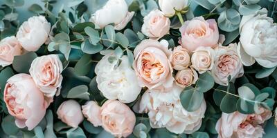 AI generated Elegant floral arrangement featuring pale pink roses and white peonies interspersed with silvery green eucalyptus leaves, perfect for weddings or romantic occasions photo