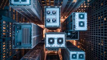 AI generated Overhead view of illuminated urban high rise buildings with HVAC units, showcasing modern architecture and city infrastructure at twilight photo