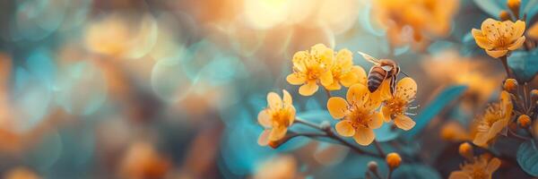 AI generated A bee pollinating vibrant yellow flowers against a soft focus background, symbolizing springtime renewal and the importance of pollinators in nature photo