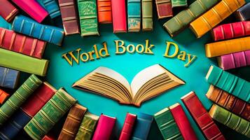 AI generated Colorful hardcover books arranged in a circular pattern around an open book with the text World Book Day on a teal background, celebrating literacy and literature photo