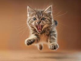ai generado gris gatito en un marrón antecedentes saltando en un dinámica actitud foto