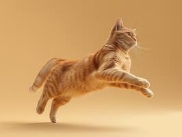 ai generado jengibre gato en un marrón antecedentes saltando en un dinámica actitud foto