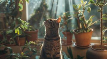 ai generado aéreo ver de un gato mirando arriba en el vivo habitación foto