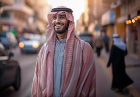 ai generado Arábica hombre en el calles vistiendo tradicional ropa sonriente y mirando contento foto