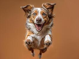 AI generated dog on a brown background jumping in mid air happily photo