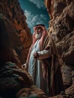 AI generated elderly arabic man wearing traditional clothes surrounded by mountains photo