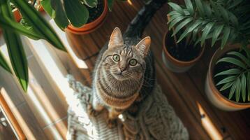 ai generado aéreo ver de un gato mirando arriba en el vivo habitación foto