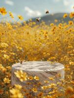 ai generado mármol podio en el medio de un amarillo flores campo con abejas volador alrededor foto